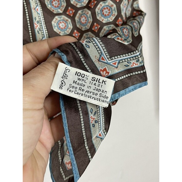 sally gee silk scarf brown teal medallion print 8.5x24" made in japan Vintage - Picture 5 of 7